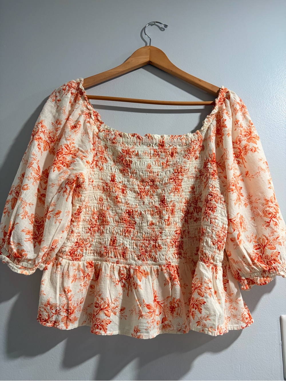 LOFT Cream & Orange Smocked Square-Neck Floral Blouse